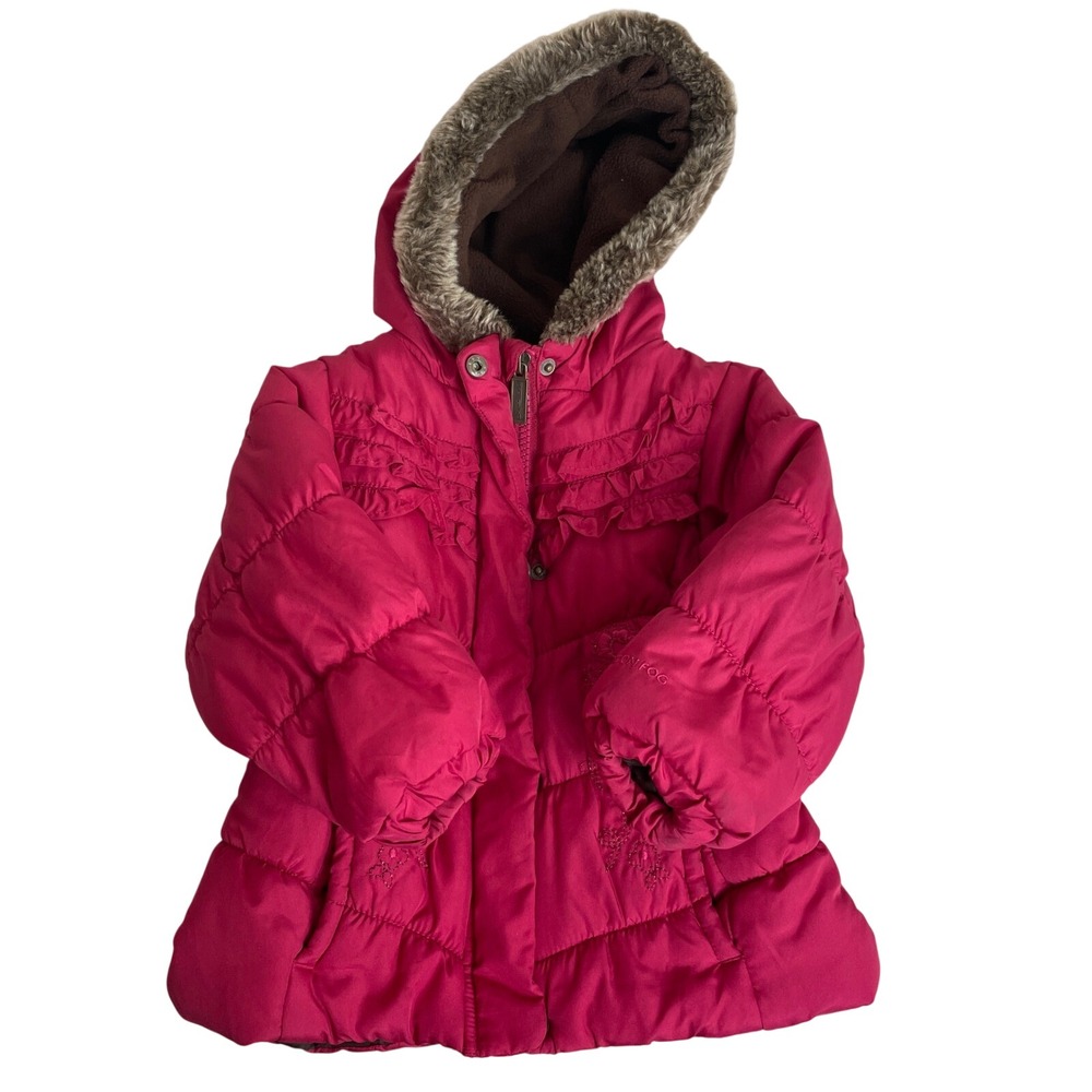 London Fog Pink Winter Puffer Coat Floral Ruffle Hooded - 18M